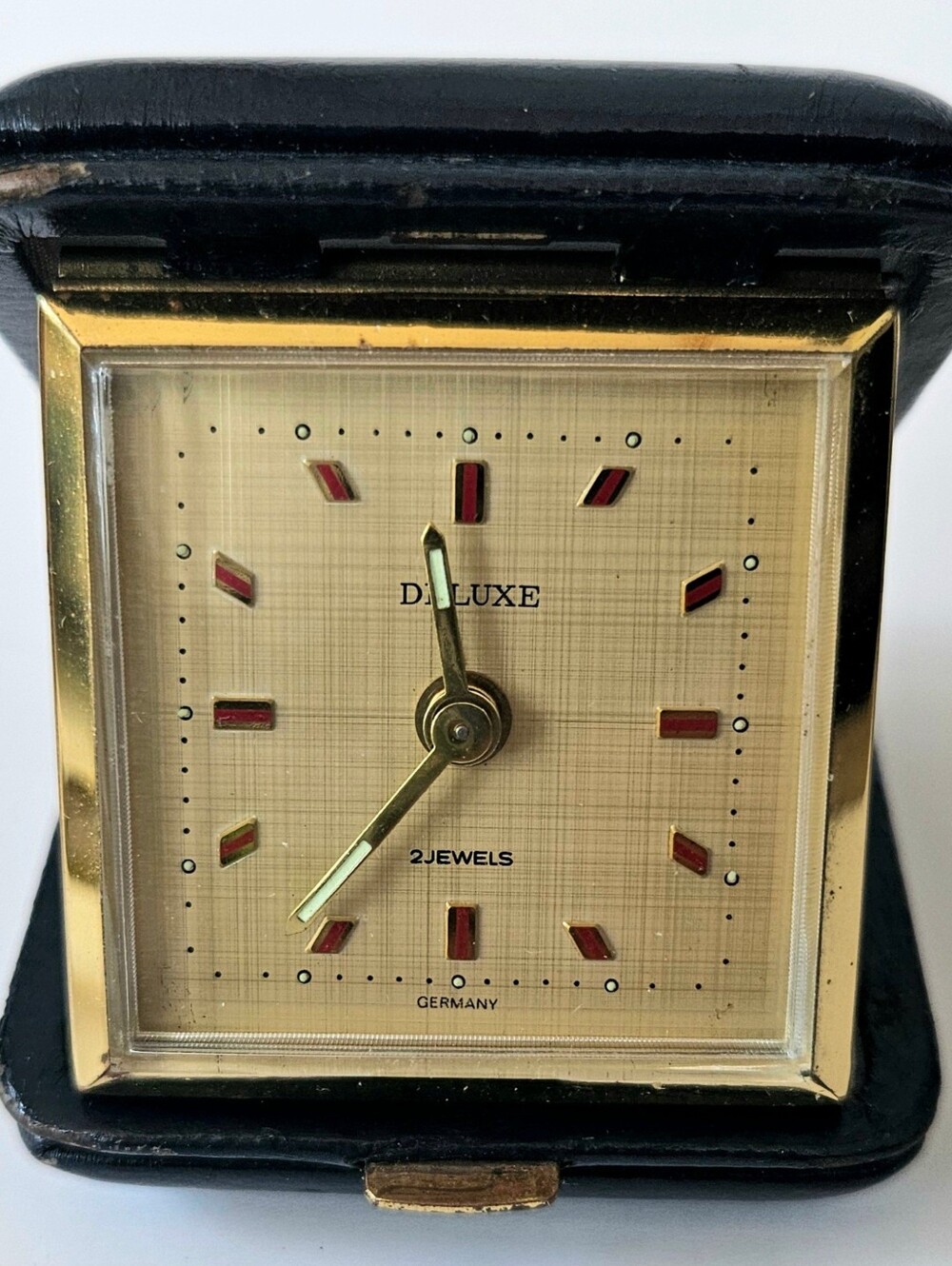 Deluxe 2 Jewels Germany Folding Travel Alarm Clock Black Case Tested Vintage
